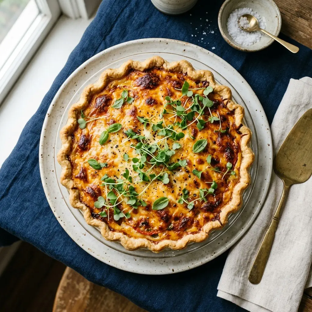 Stunning plated serving of Tomato Pie, a chef-tested recipe by Chef Jorj Morgan.