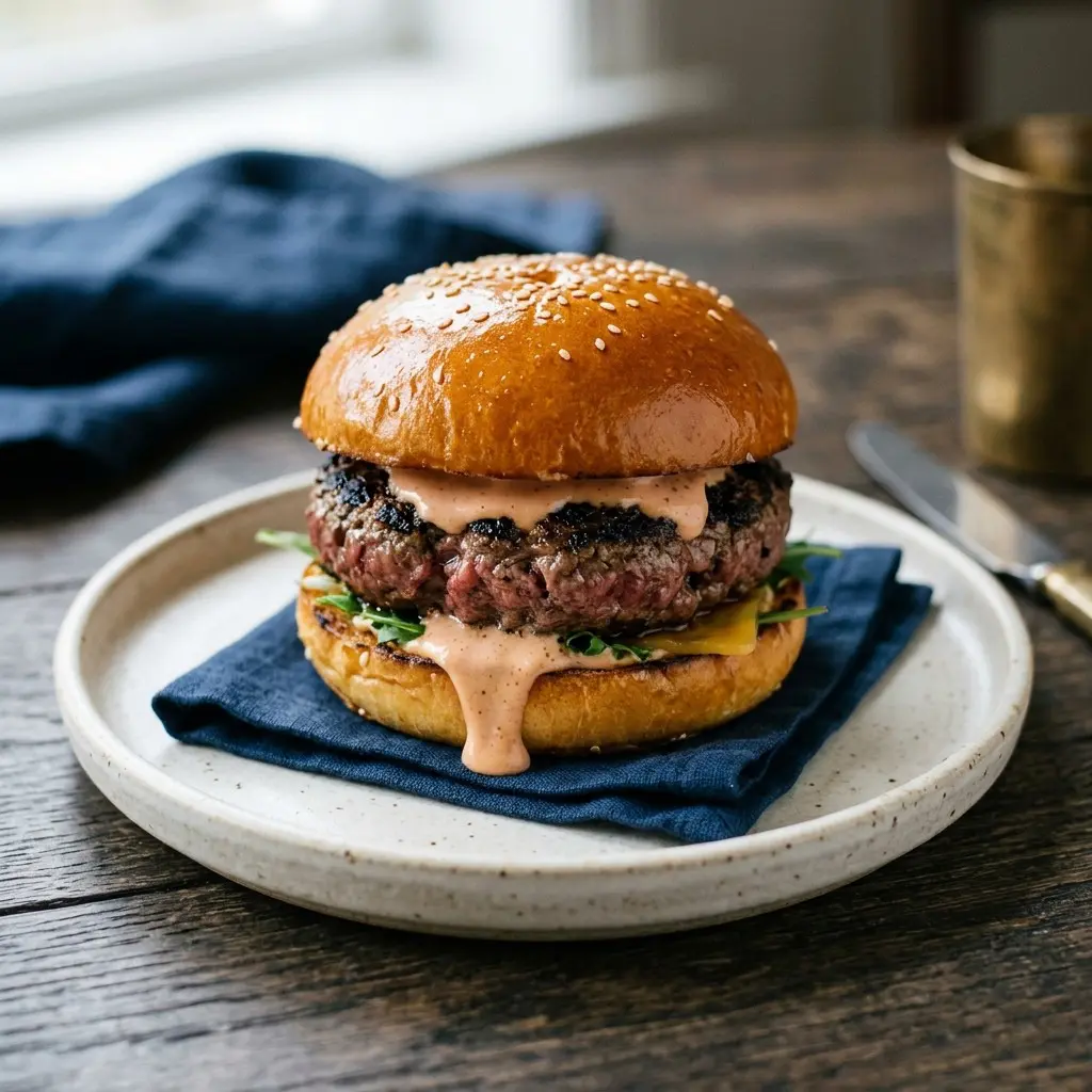 Stunning plated serving of My Best Beef Burgers, a chef-tested recipe by Chef Jorj Morgan.
