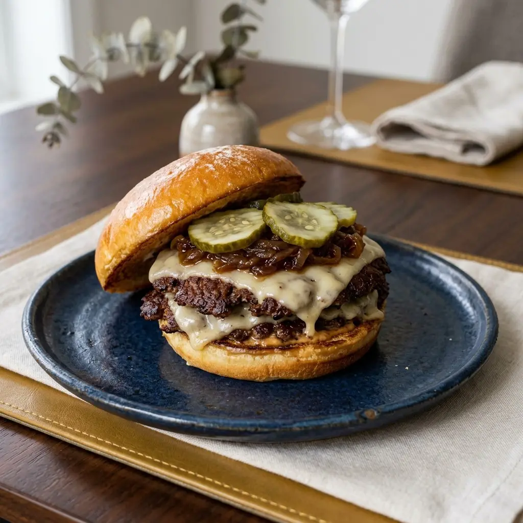 Stunning plated serving of The Ultimate Smash Burgers with Truffle Mayo, a chef-tested recipe by Chef Jorj Morgan.