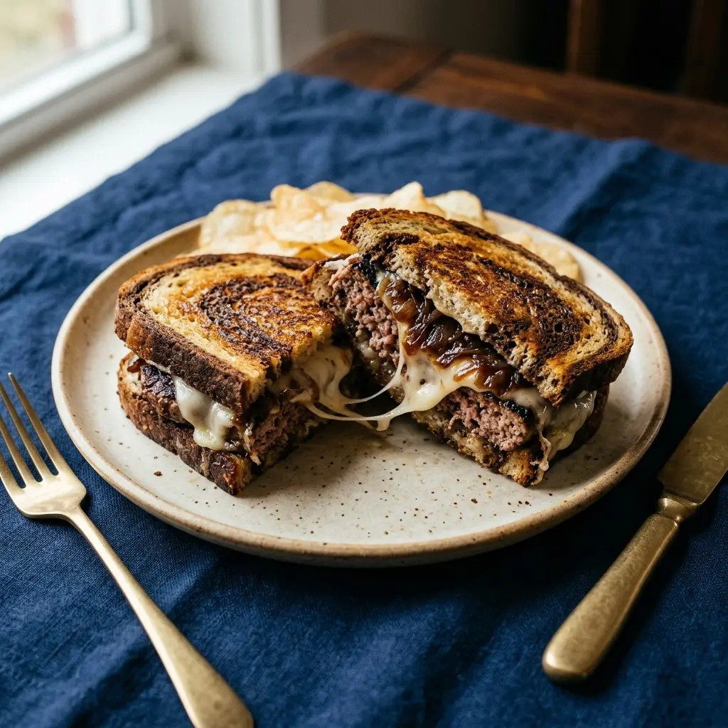 Stunning plated serving of My Way” Patty Melt, a chef-tested recipe by Chef Jorj Morgan.