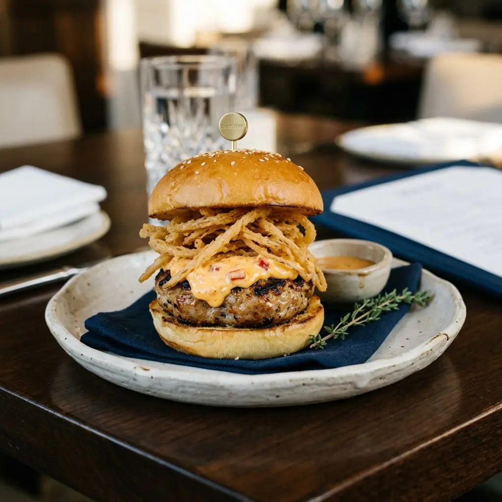 Stunning plated serving of Turkey Burger Sliders with Pimento Cheese and Crispy Fried Onions, a chef-tested recipe by Chef Jorj Morgan.