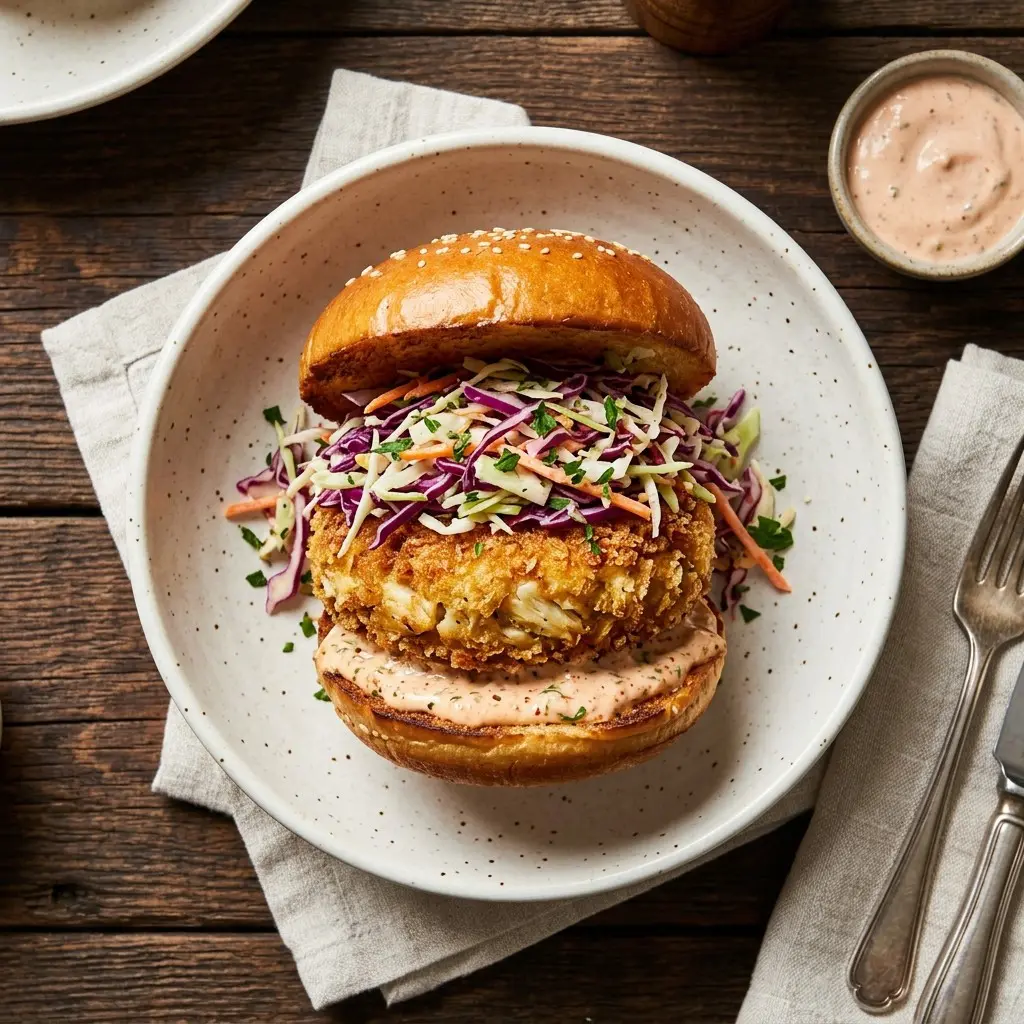 Stunning plated serving of Crab Cake Burgers with Coleslaw and Chili-Spiced Tartar Sauce, a chef-tested recipe by Chef Jorj Morgan.