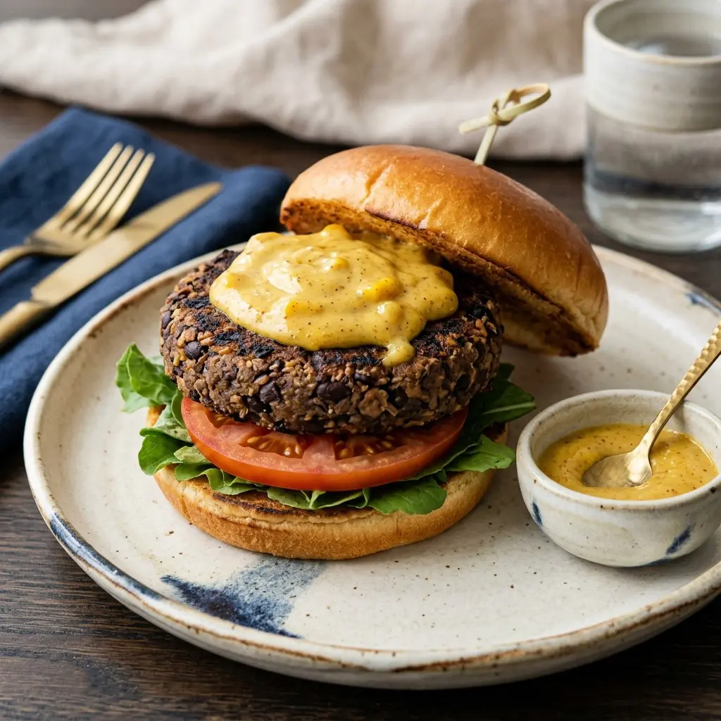 Stunning plated serving of Black Bean Burgers with Spiced Chutney Mayo Sauce, a chef-tested recipe by Chef Jorj Morgan.