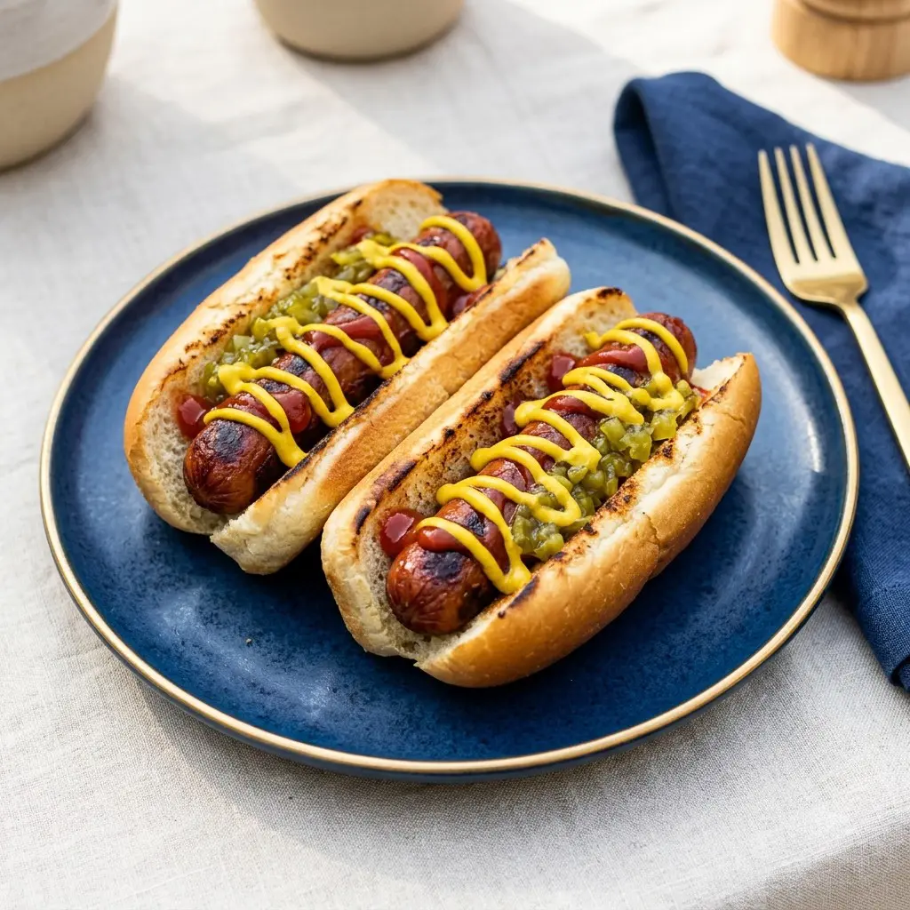 Stunning plated serving of Pan-Fried Dogs with all the Fixin’s, a chef-tested recipe by Chef Jorj Morgan.