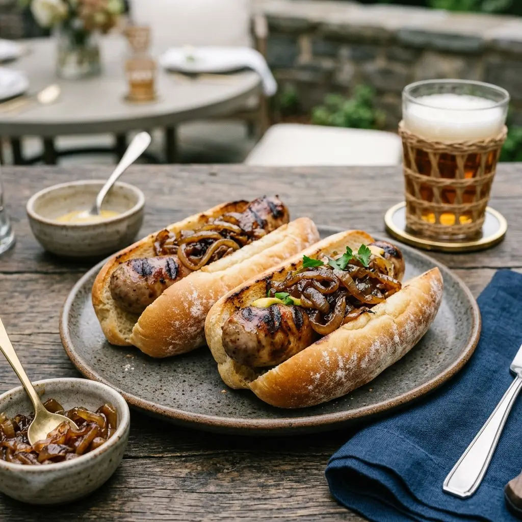 Stunning plated serving of Boiled then Grilled Bratwurst, a chef-tested recipe by Chef Jorj Morgan.