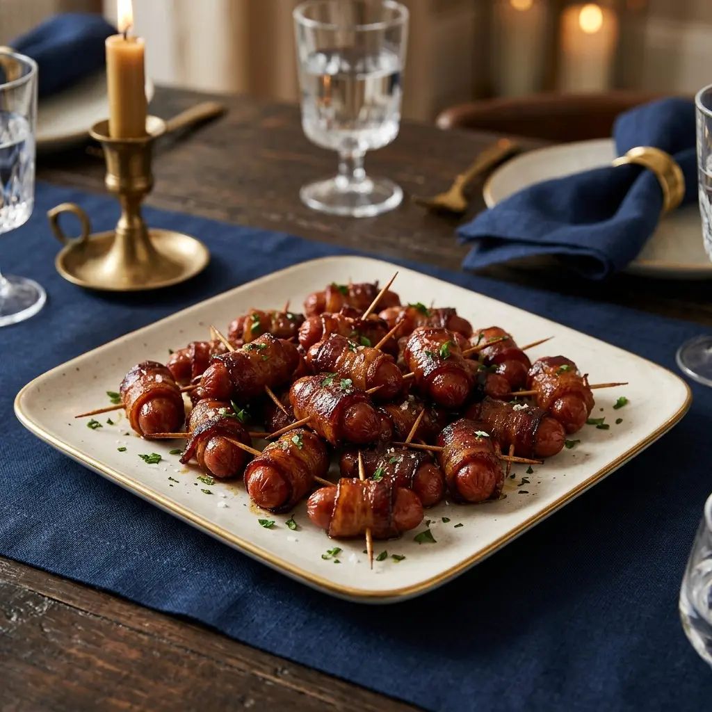 Stunning plated serving of Sugared Bacon-Wrapped Lil’ Dogs, a chef-tested recipe by Chef Jorj Morgan.