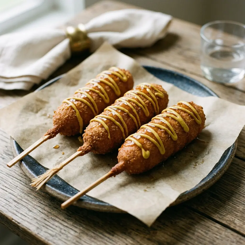 Stunning plated serving of Corn Dogs, a chef-tested recipe by Chef Jorj Morgan.