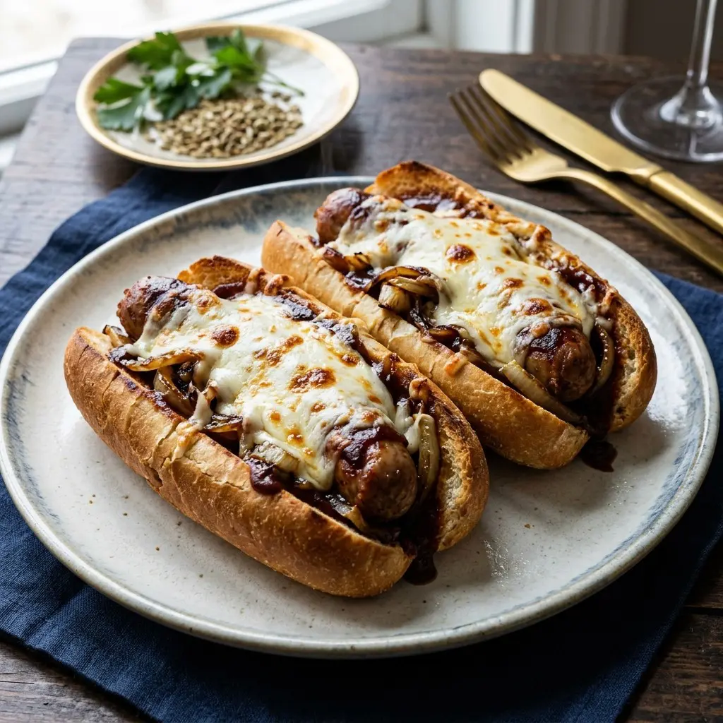 Stunning plated serving of Barbecue Sausage Hoagies with Fennel and Onions, a chef-tested recipe by Chef Jorj Morgan.