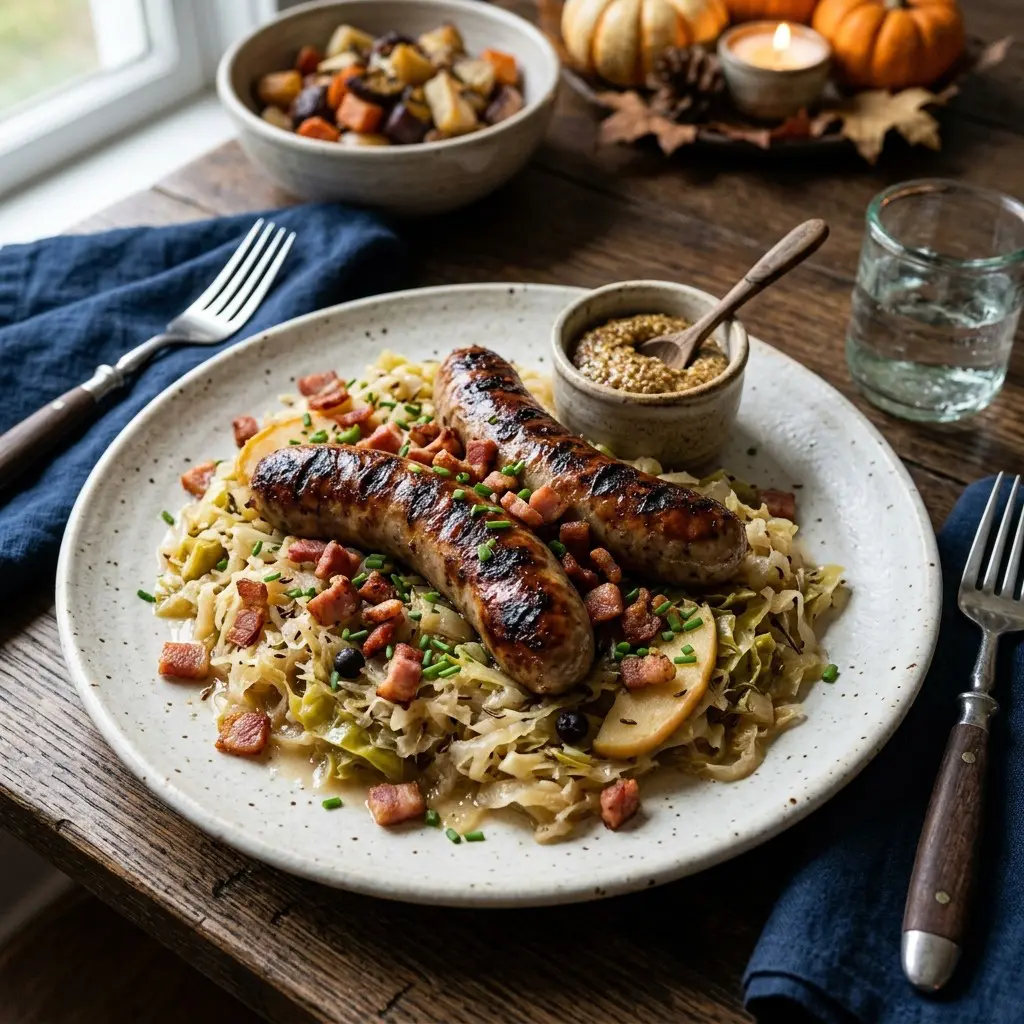 Stunning plated serving of Grilled Sausages with Souped-Up Sauerkraut, a chef-tested recipe by Chef Jorj Morgan.