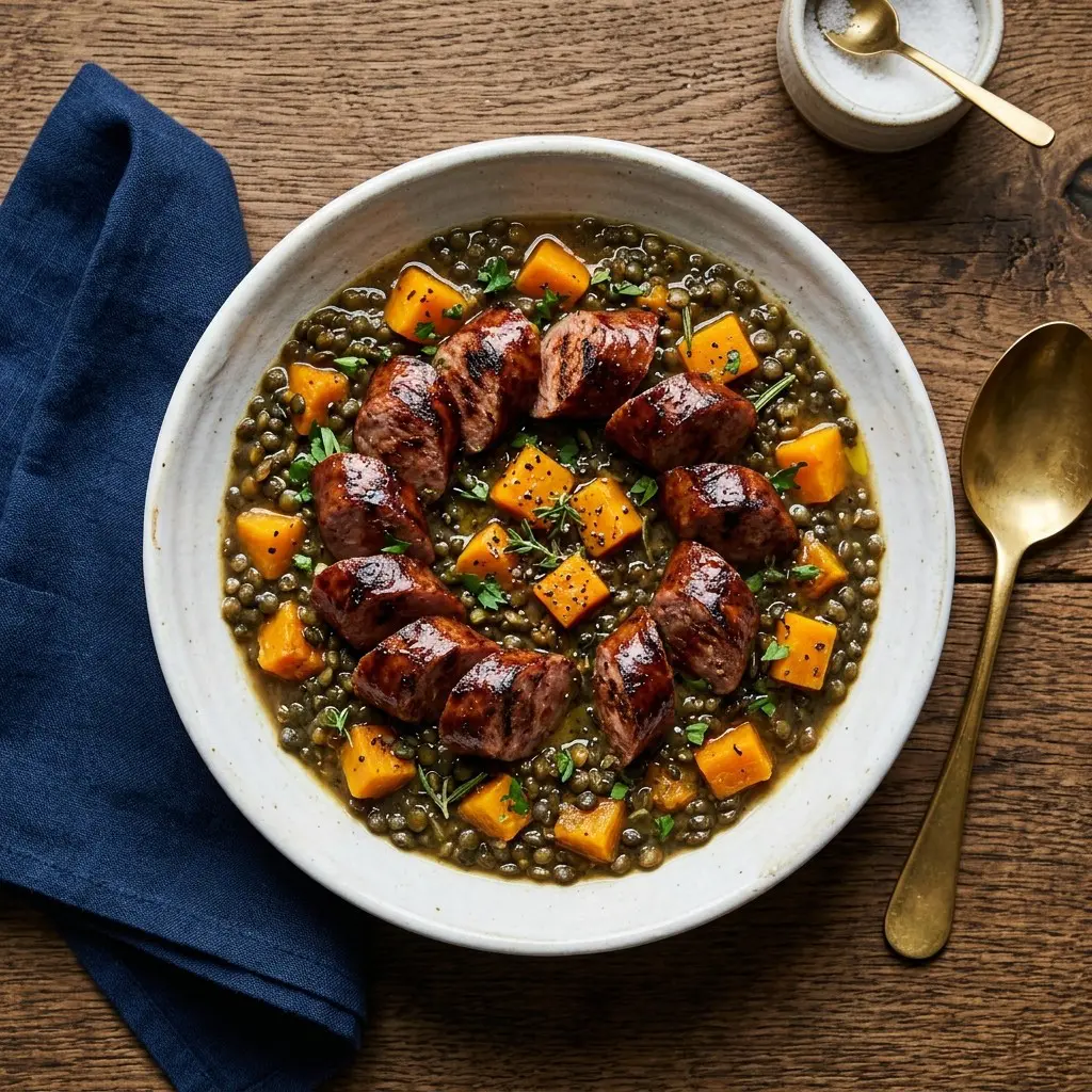 Stunning plated serving of Roasted Sausage over Lentil and Butternut Squash Stew, a chef-tested recipe by Chef Jorj Morgan.