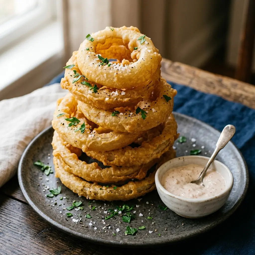 Stunning plated serving of Big Battered Onion Rings with Horseradish Sauce, a chef-tested recipe by Chef Jorj Morgan.