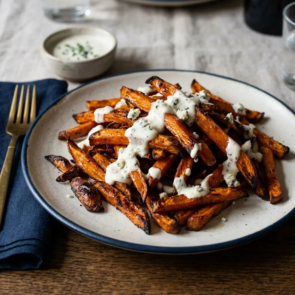 Stunning plated serving of Roasted Sweet Potato Fries with Blue Cheese Dressing, a chef-tested recipe by Chef Jorj Morgan.