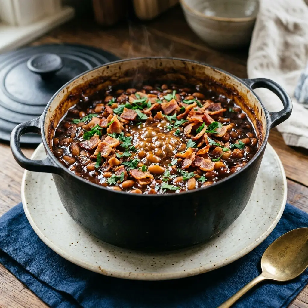 Stunning plated serving of Souped-Up Baked Beans, a chef-tested recipe by Chef Jorj Morgan.