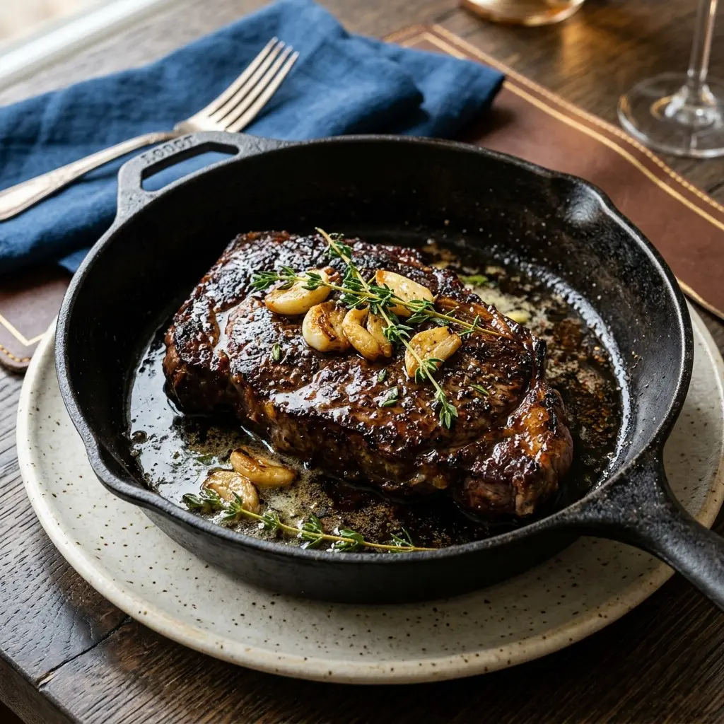 Stunning plated serving of Cast-Iron Steak with Thyme-Garlic Butter Baste, a chef-tested recipe by Chef Jorj Morgan.