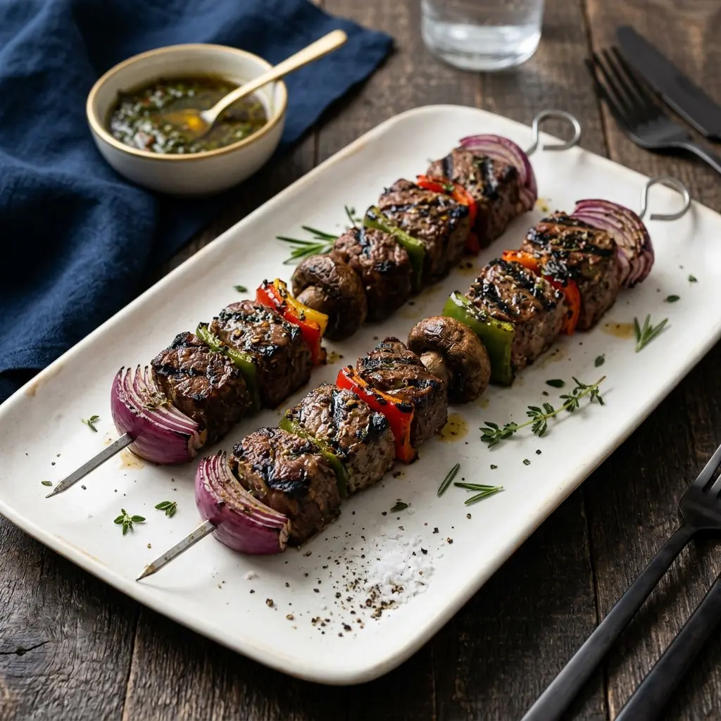 Stunning plated serving of Tenderloin Steak Kabobs with Mushrooms, Peppers, and Onions, a chef-tested recipe by Chef Jorj Morgan.