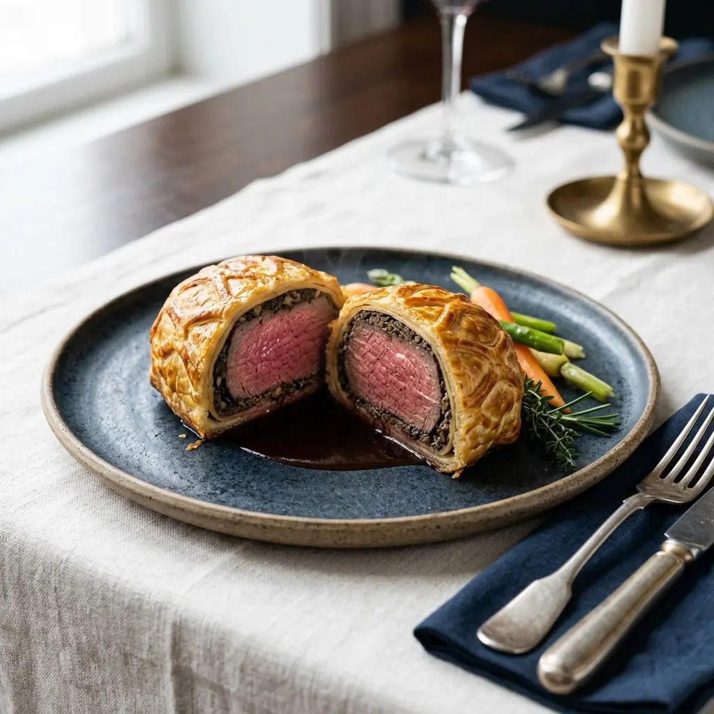 Stunning plated serving of Individual Beef Wellingtons, a chef-tested recipe by Chef Jorj Morgan.