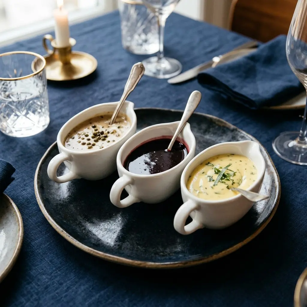 Stunning plated serving of Triple-Play Sauces: Three Yummy Steak Sauces, a chef-tested recipe by Chef Jorj Morgan.