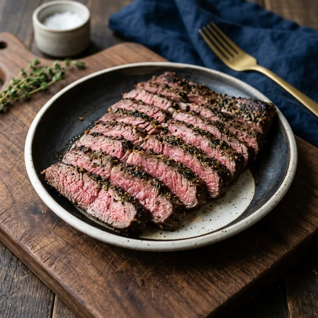 Stunning plated serving of Mustard-Crusted Broiled Skirt Steak, a chef-tested recipe by Chef Jorj Morgan.