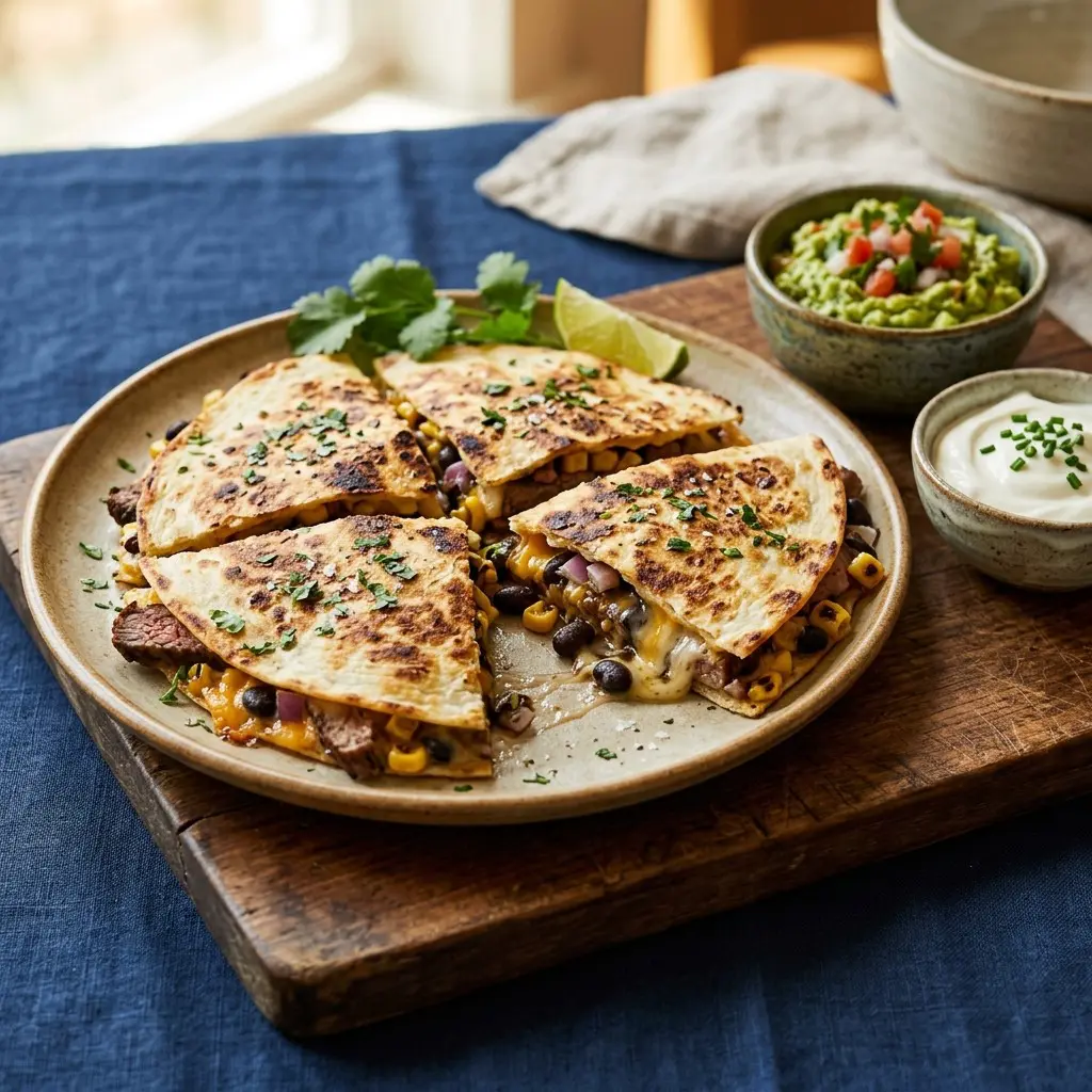 Stunning plated serving of Flank Steak, Black Bean, and Toasted Corn Quesadillas, a chef-tested recipe by Chef Jorj Morgan.