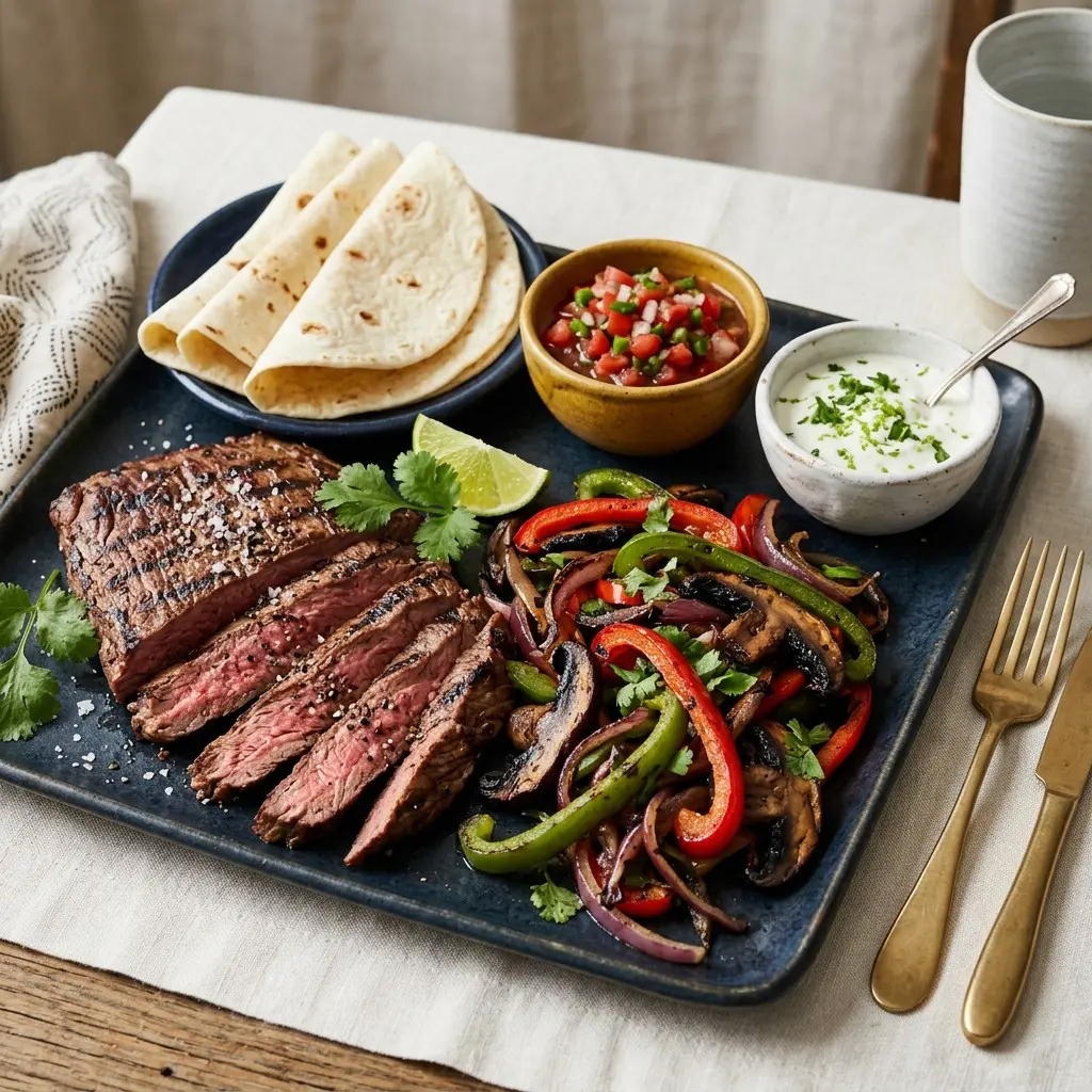 Stunning plated serving of Flank Steak Fajitas with Sautéed Veggies, a chef-tested recipe by Chef Jorj Morgan.