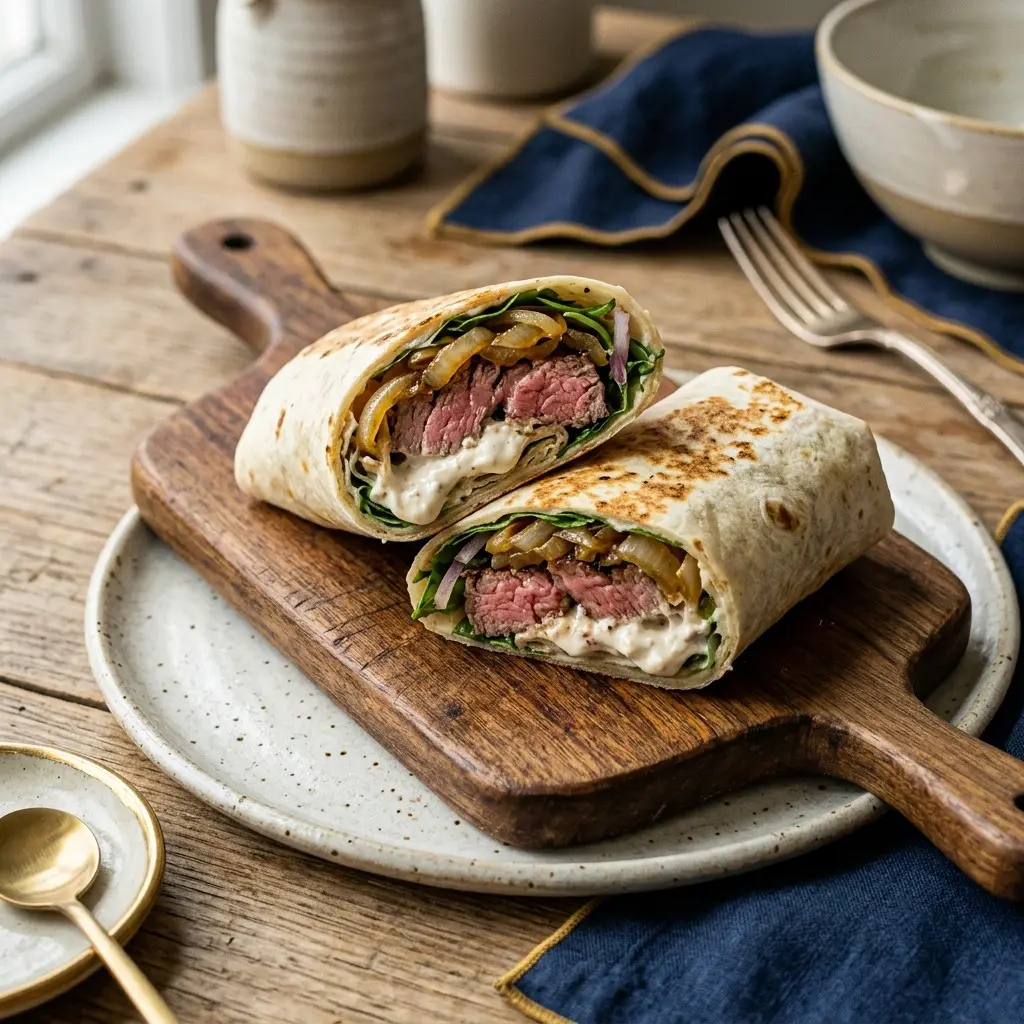 Stunning plated serving of Steak Wraps with Roasted Garlic-Horseradish Sauce, a chef-tested recipe by Chef Jorj Morgan.