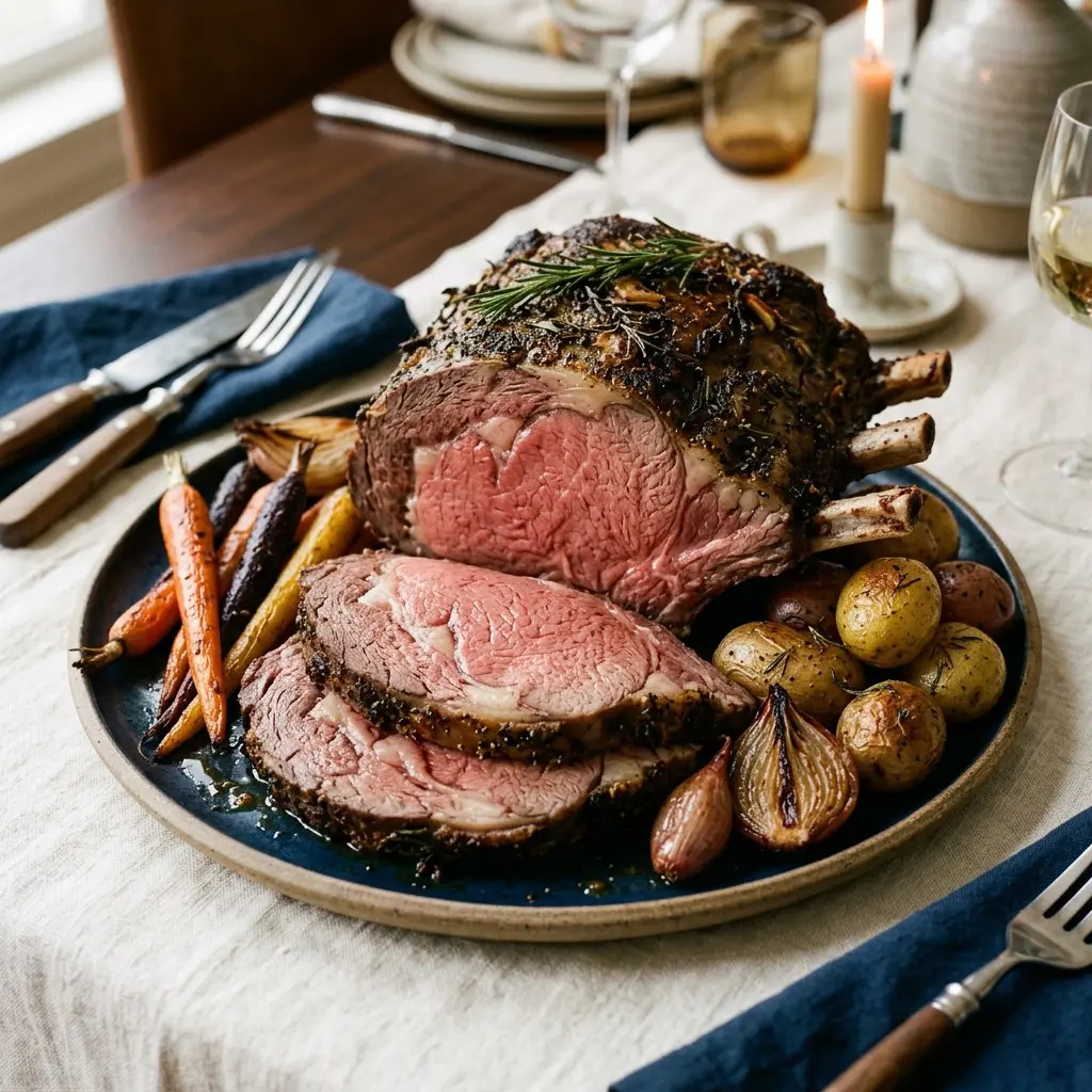Stunning plated serving of Standing Rib Roast with Roasted Vegetables, a chef-tested recipe by Chef Jorj Morgan.