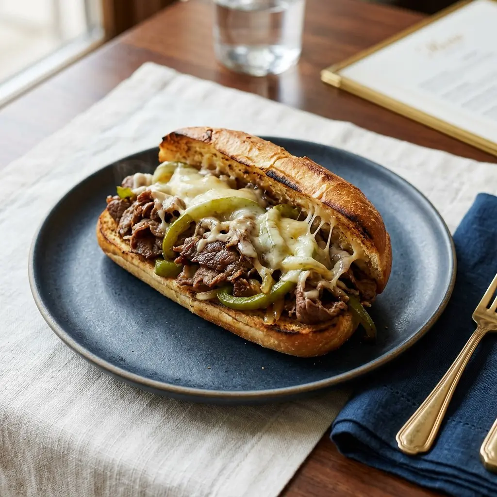 Stunning plated serving of Round-Roast Philly Cheesesteak Sammies, a chef-tested recipe by Chef Jorj Morgan.