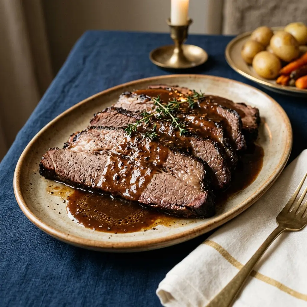 Stunning plated serving of Beer-Braised Beef Brisket, a chef-tested recipe by Chef Jorj Morgan.