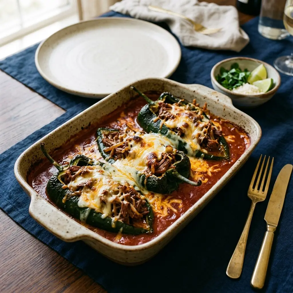 Stunning plated serving of Short Rib-Stuffed Poblano Peppers, a chef-tested recipe by Chef Jorj Morgan.