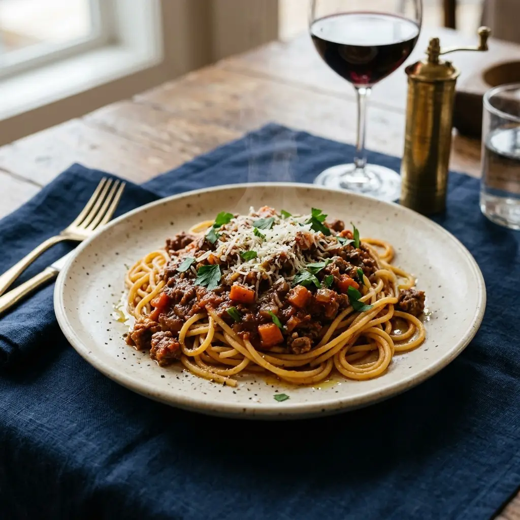 Stunning plated serving of Spaghetti with Meat Sauce, a chef-tested recipe by Chef Jorj Morgan.