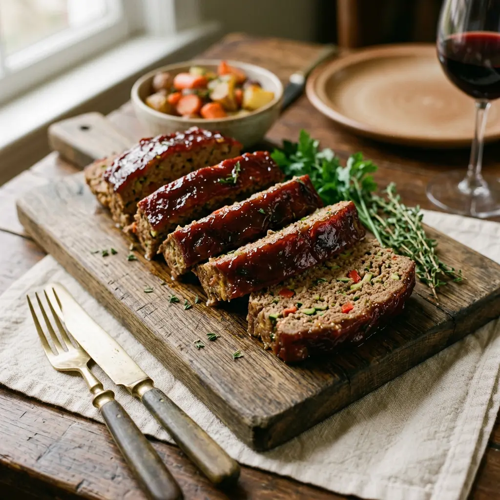 Stunning plated serving of Meat Loaf with Roasted Veggies and a Balsamic Glaze, a chef-tested recipe by Chef Jorj Morgan.