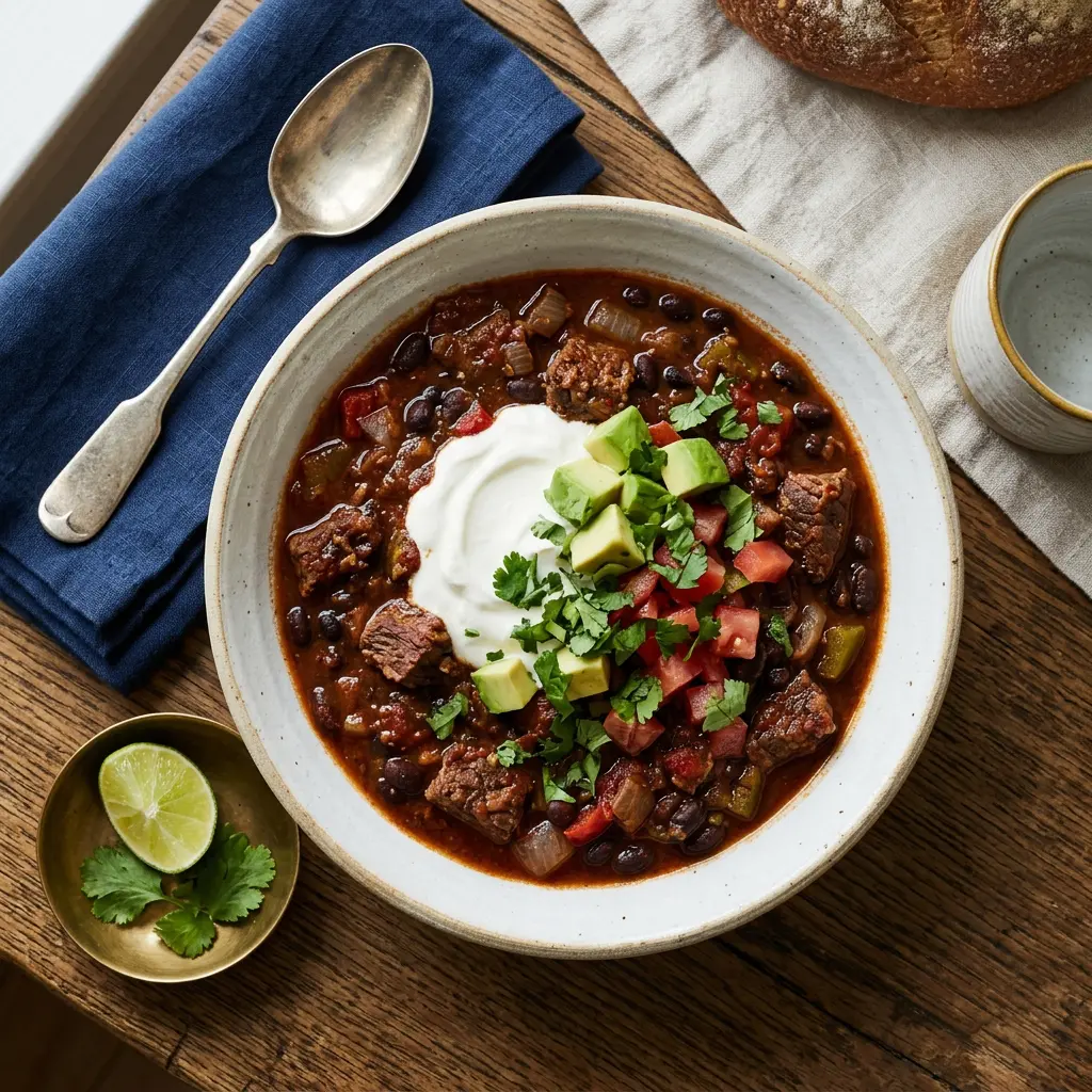Stunning plated serving of Slow Cooker Fiery Beef and Black Bean Chili, a chef-tested recipe by Chef Jorj Morgan.
