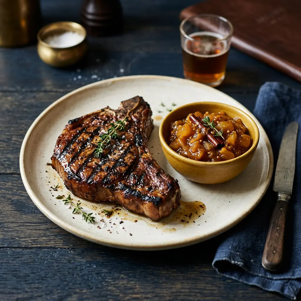 Stunning plated serving of Grilled Veal Chops with Spicy Apple Chutney, a chef-tested recipe by Chef Jorj Morgan.