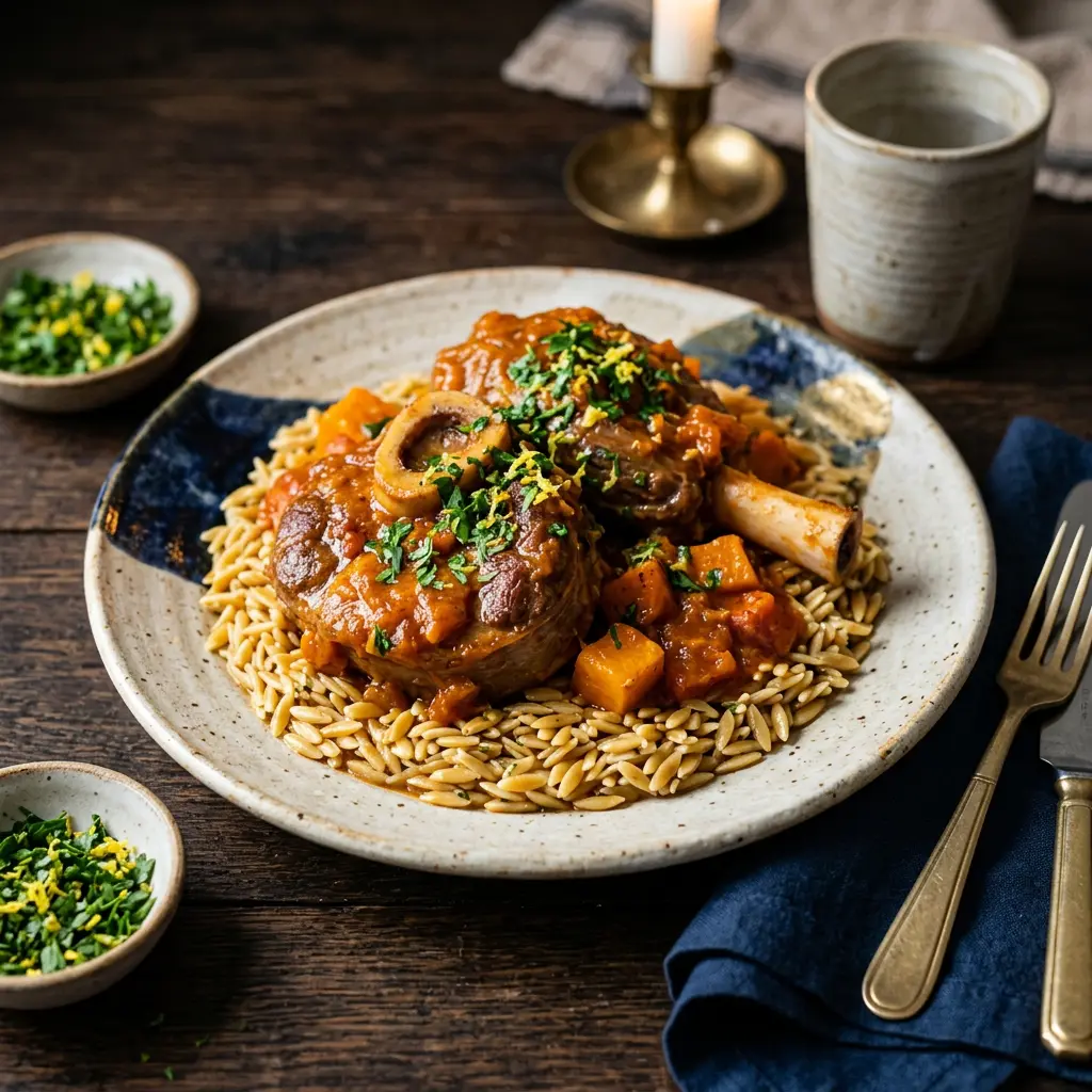 Stunning plated serving of Moroccan Spiced Braised Veal Shanks with Toasted Orzo, a chef-tested recipe by Chef Jorj Morgan.
