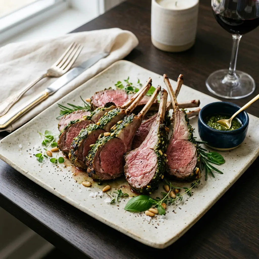 Stunning plated serving of Pesto-Crusted Rack of Lamb, a chef-tested recipe by Chef Jorj Morgan.