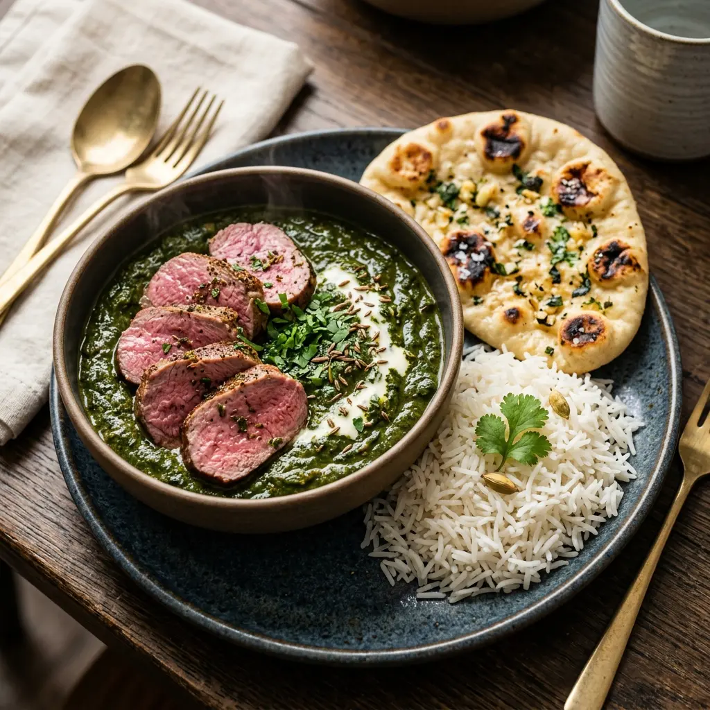Stunning plated serving of Spicy Lamb Saag, a chef-tested recipe by Chef Jorj Morgan.