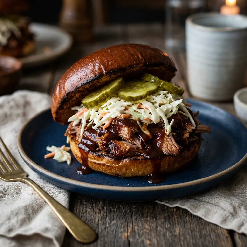 Stunning plated serving of Indoor Barbecue Pork Sammies, a chef-tested recipe by Chef Jorj Morgan.