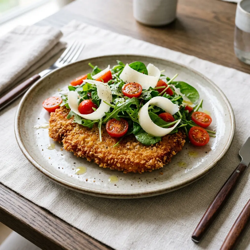 Stunning plated serving of Pork Milanese with Mixed Greens, a chef-tested recipe by Chef Jorj Morgan.