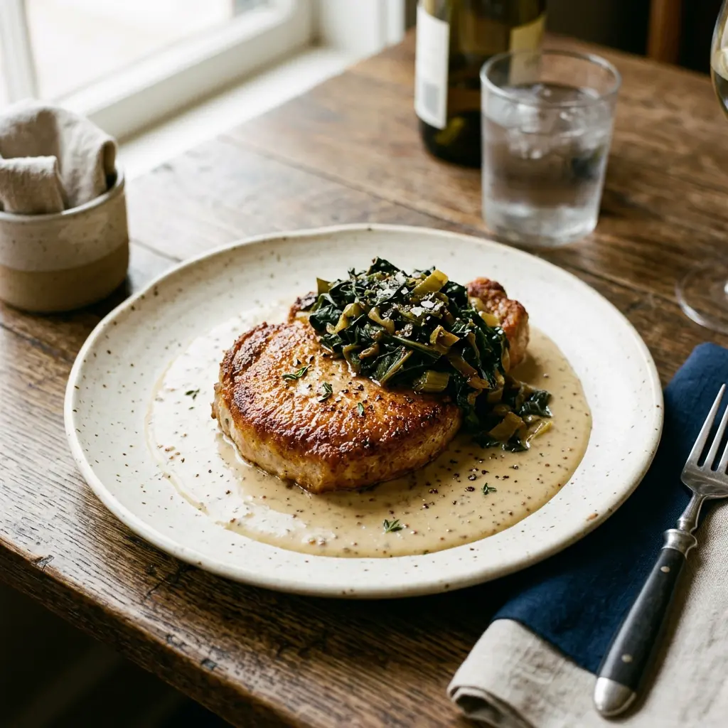 Stunning plated serving of Fried Pork Chops with Sautéed Greens and Dijon Cream Gravy, a chef-tested recipe by Chef Jorj Morgan.