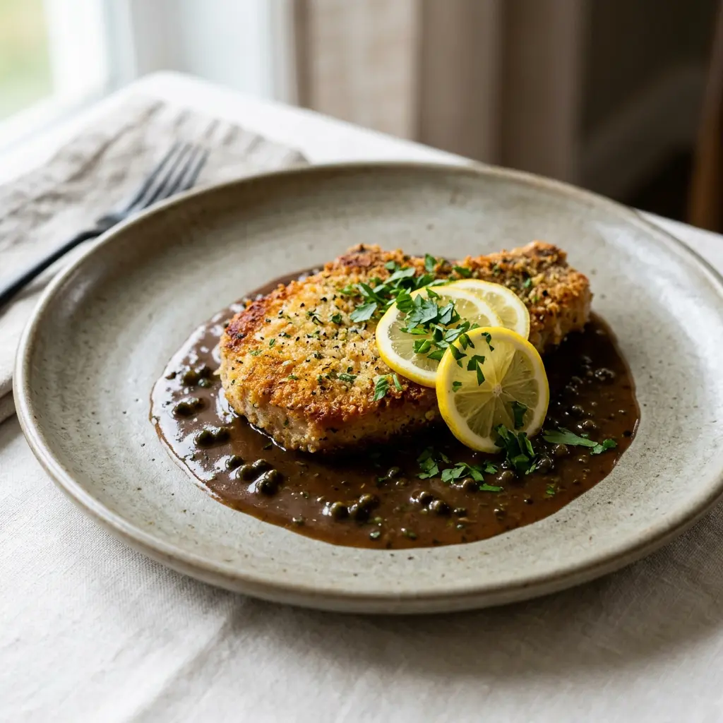 Stunning plated serving of Lemon-Baked Pork Chops with Green Peppercorn Sauce, a chef-tested recipe by Chef Jorj Morgan.