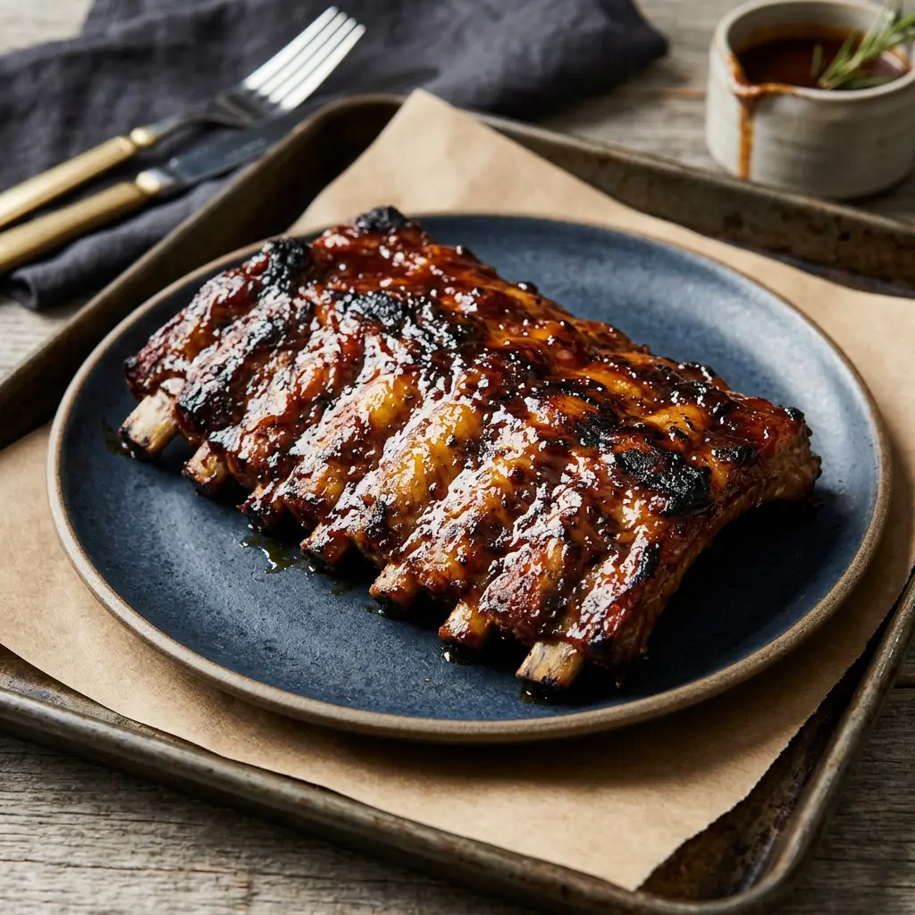 Stunning plated serving of Beer-Basted Baby Back Ribs with Tennessee Whiskey Barbecue Sauce, a chef-tested recipe by Chef Jorj Morgan.