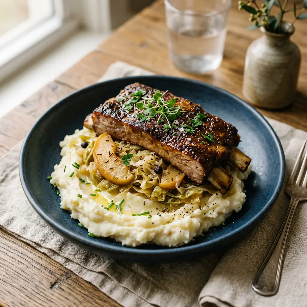Stunning plated serving of Spare Ribs with Sauerkraut, a chef-tested recipe by Chef Jorj Morgan.
