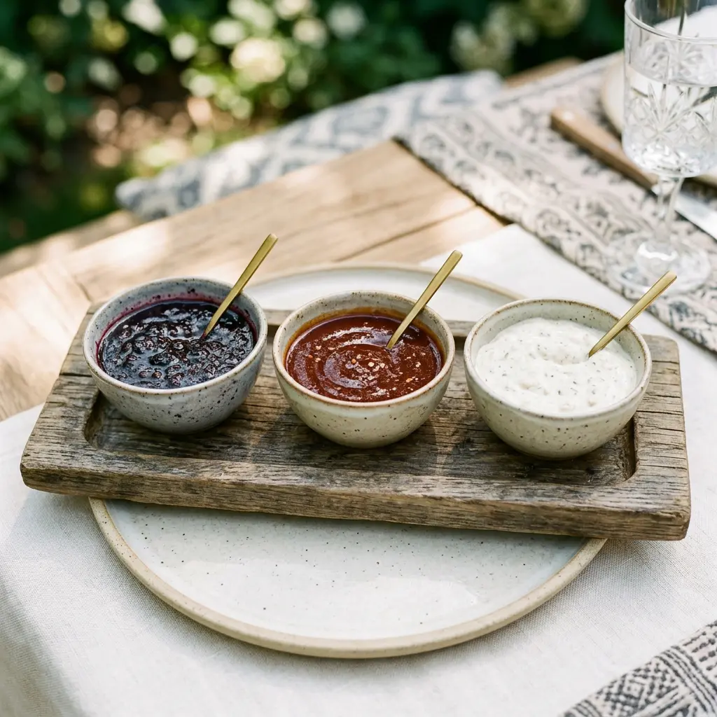 Stunning plated serving of Red, White, and Blue Barbecue Sauces, a chef-tested recipe by Chef Jorj Morgan.