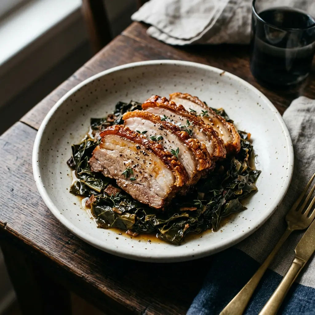 Stunning plated serving of Slow-Roasted Pork Belly with Collard Greens, a chef-tested recipe by Chef Jorj Morgan.