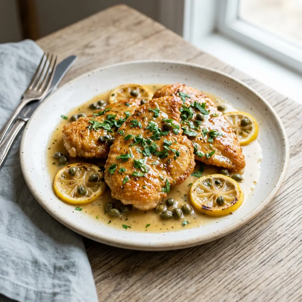 Stunning plated serving of Lemon Caper Chicken in Buttery Sauce, a chef-tested recipe by Chef Jorj Morgan.