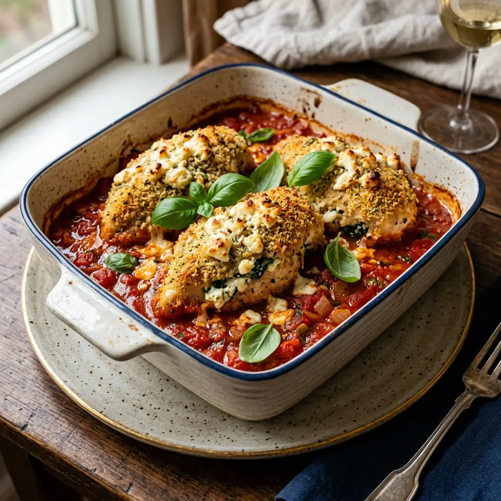 Stunning plated serving of Goat Cheese and Prosciutto Stuffed Chicken Breasts, a chef-tested recipe by Chef Jorj Morgan.