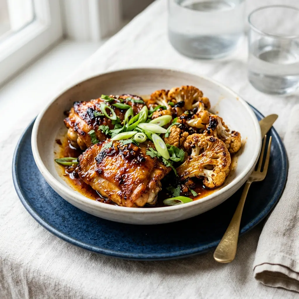 Stunning plated serving of Crispy Garlic Chicken and Cauliflower in Orange Sauce, a chef-tested recipe by Chef Jorj Morgan.