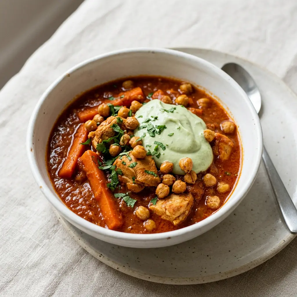 Stunning plated serving of Chicken and Carrot Curry with Lime-Avocado Yogurt and Fried Chickpeas, a chef-tested recipe by Chef Jorj Morgan.