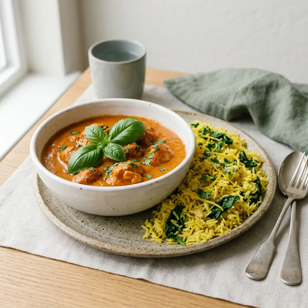 Stunning plated serving of Butter Chicken with Ginger-Lemon Rice, a chef-tested recipe by Chef Jorj Morgan.