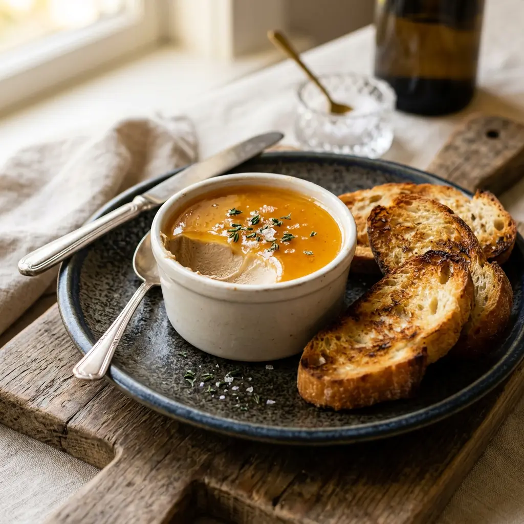 Stunning plated serving of Chicken Liver Mousse, a chef-tested recipe by Chef Jorj Morgan.